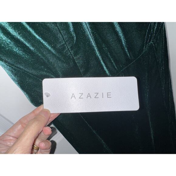 Azazie Larice Green Halter Velvet Floor Long Dress Slit 14 Gown Garment Bag - Picture 10 of 12